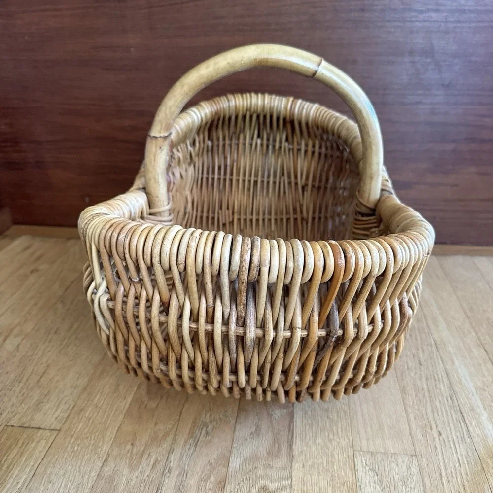 Vintage French Woven Gathering Basket 1960s Bamboo Handle Cottagecore 20